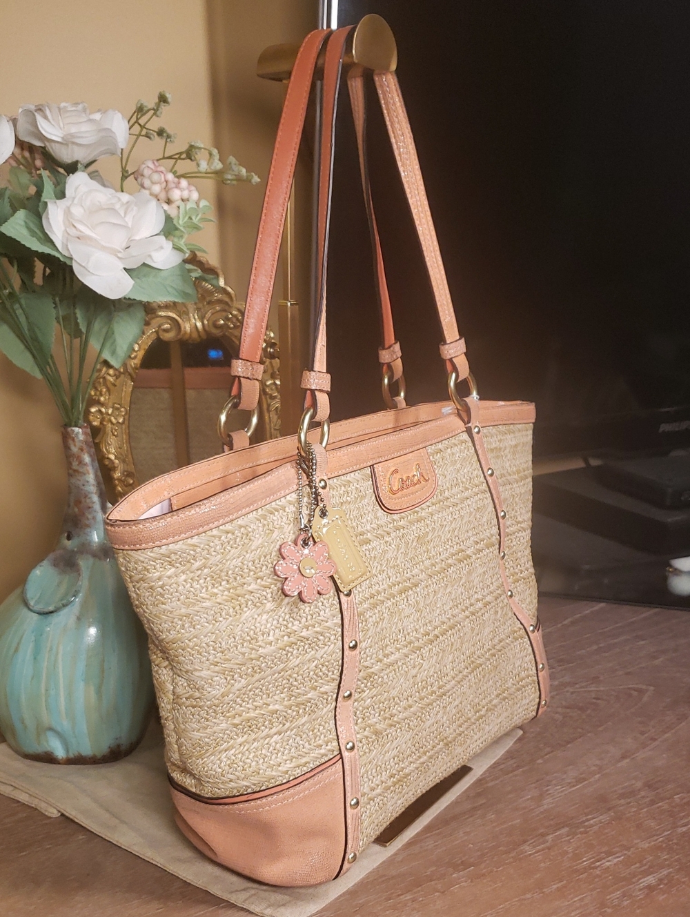 Coach Alexandra Straw Studded Tote Coral Leather w/ Flower Charm (Retail $398) - Picture 3 of 15
